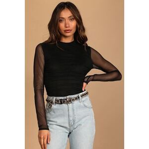 Lulus We Mesh Well Black Ruched Mesh Long Sleeve Bodysuit - Size M